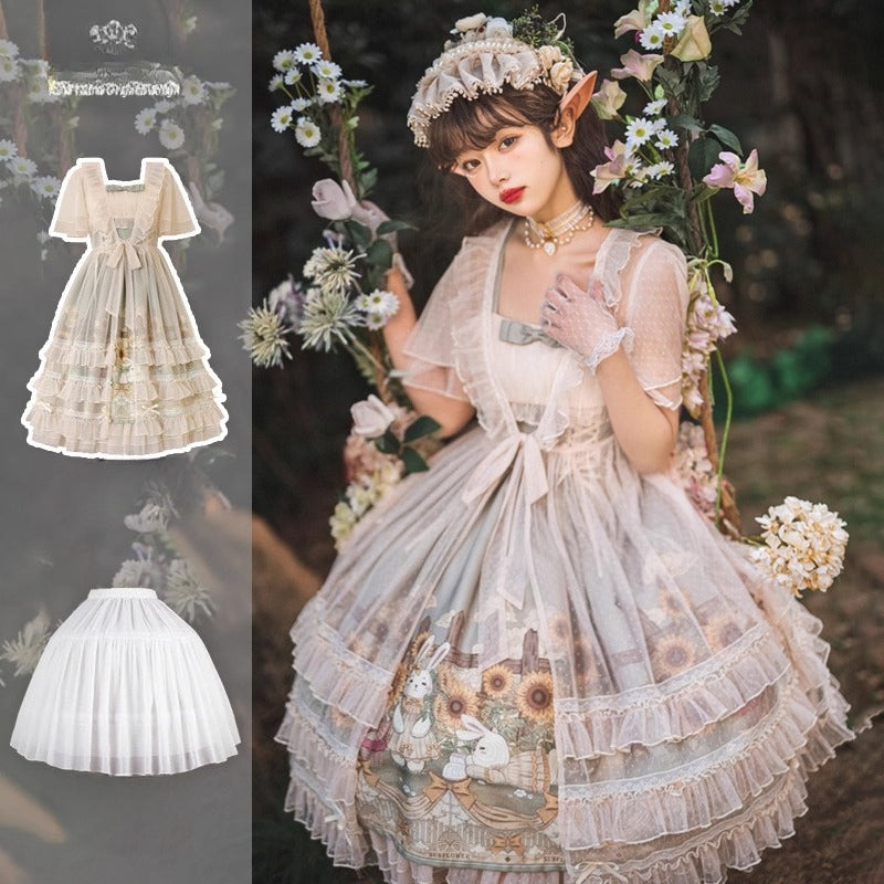 Vintage Floral Lolita Dress with Tulle Layers, Off - the - Shoulder Sleeves & Delicate Headpiece