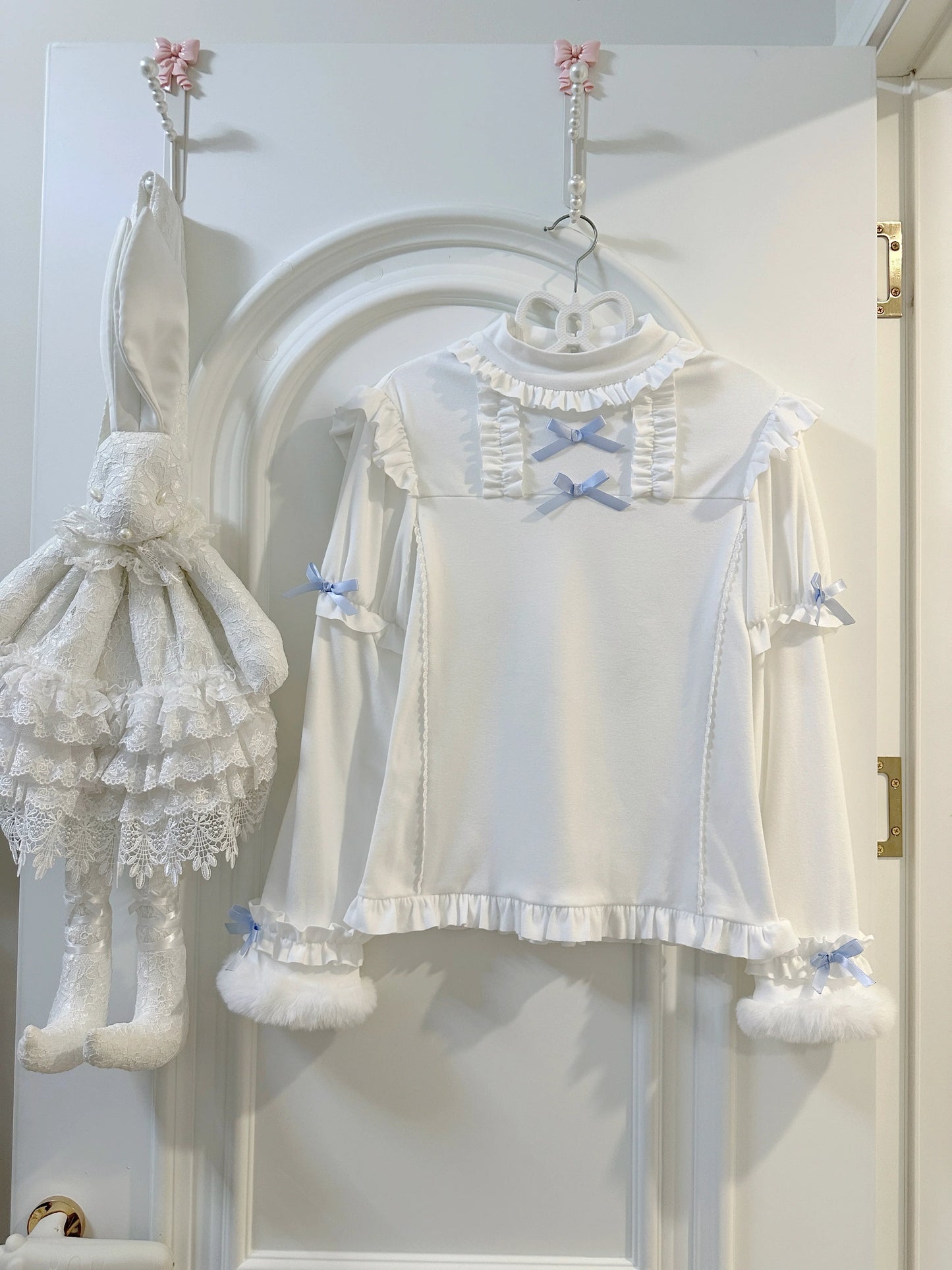 Lolita Dress with Adorable Bear Prints, Blue - toned Ribbons and Fluffy Trim, Comes with Matching Headpiece