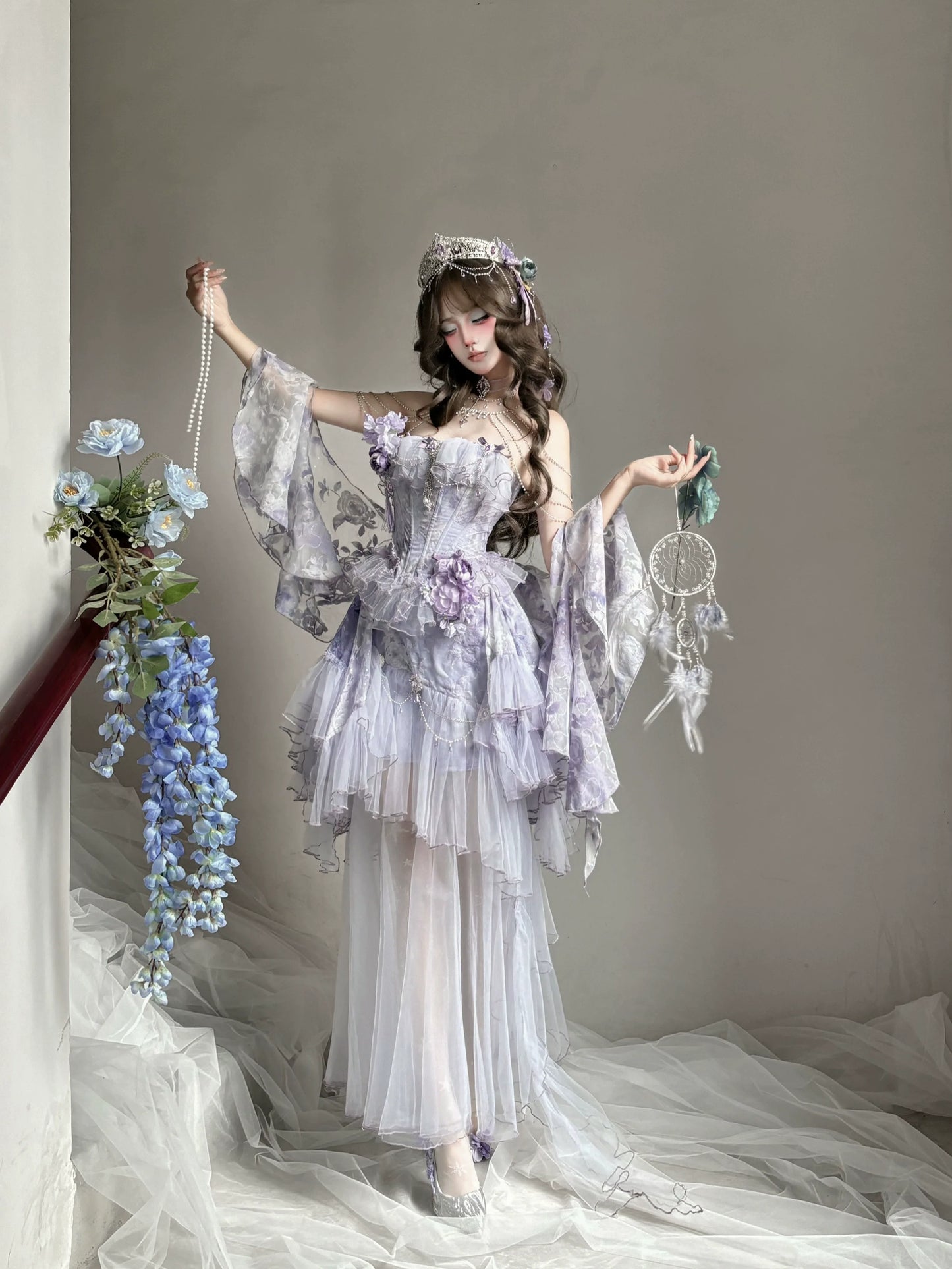 Dreamy Lavender Lolita Gown with Floral Embellishments, Layered Tulle Skirt