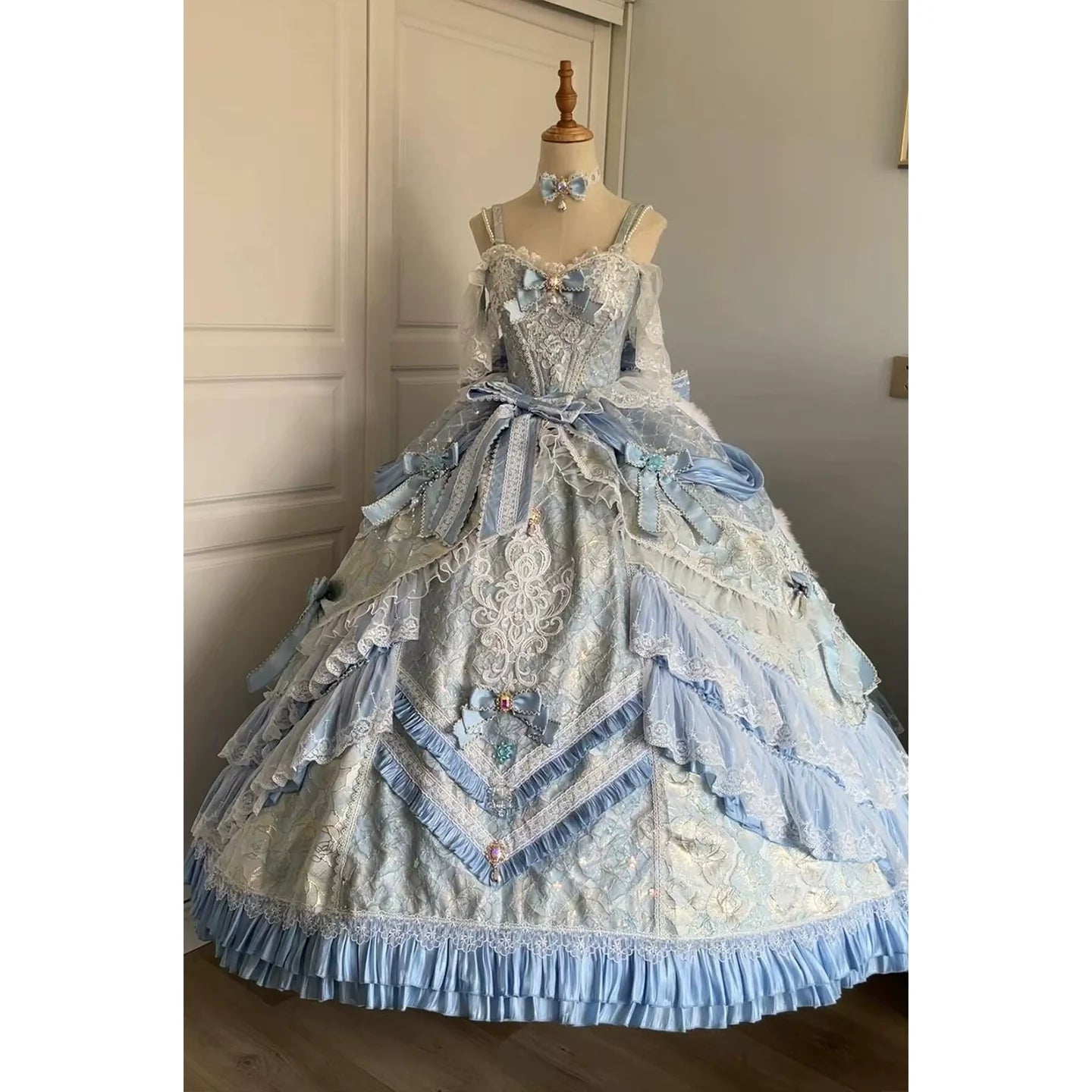 Dreamy Light - Blue Lolita Grand Ball Gown with Intricate Lace and Elegant Bow Decorations