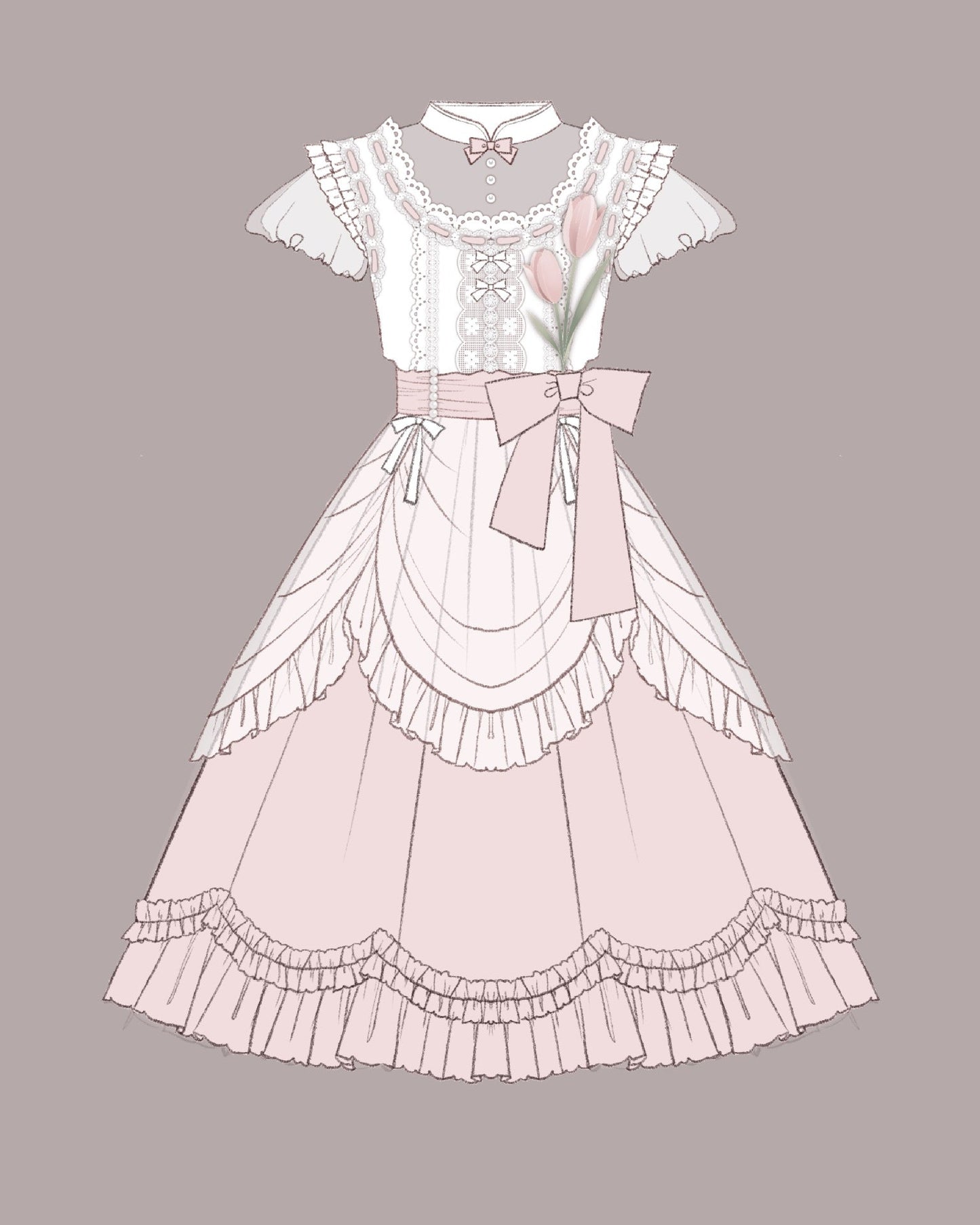 Elegant Pink and White Lace Lolita Dress with Puffed Sleeves and Ruffled Skirt