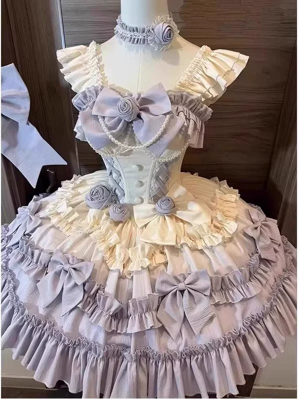 Elegant Lolita Style! Light Purple Princess Dress with Pearl Embellishments, Big Skirt Flare – Birthday Party Dress
