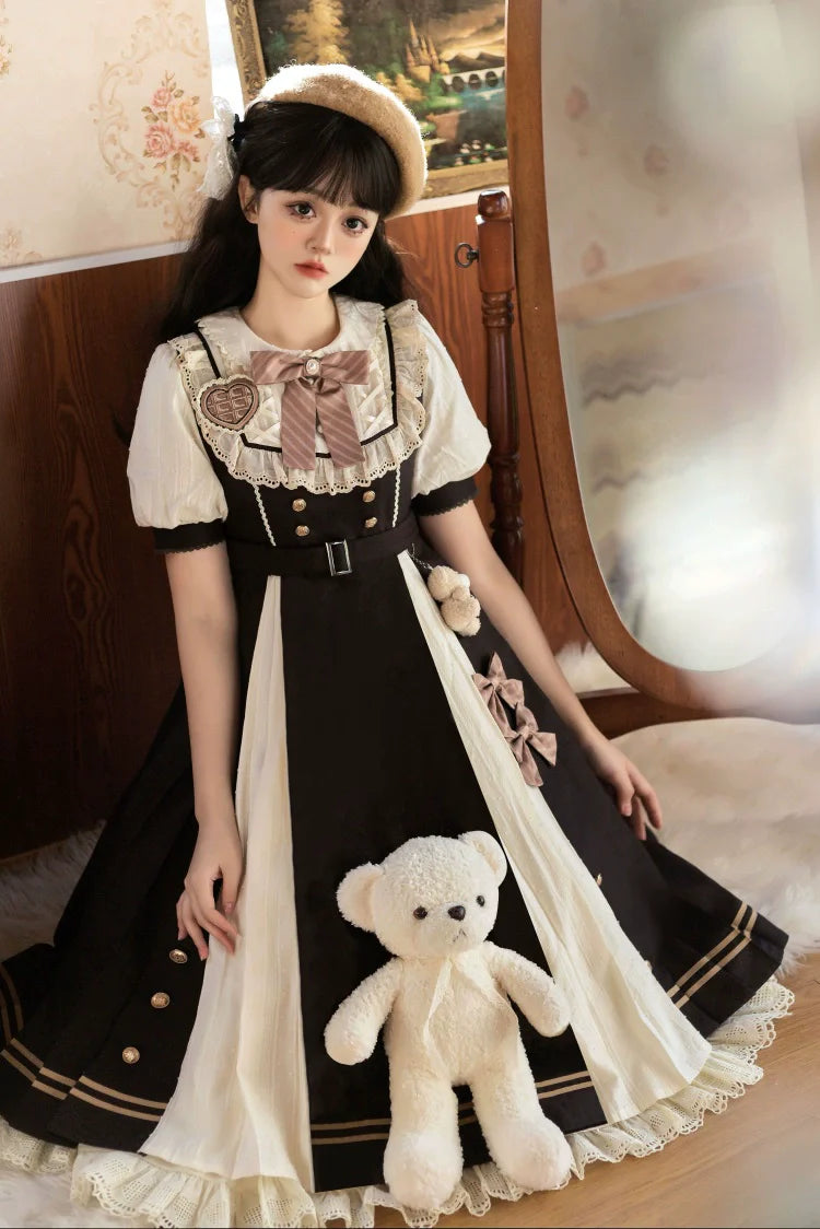Cocoa Charm Lolita Dress - Elegant Short Sleeve OP with Striped Bow and Teddy Accent