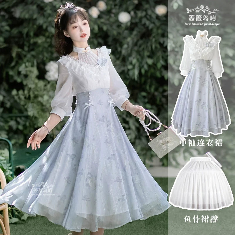 Lolita Fairy Dress! Lace Puff Sleeves + Light Blue Floral Maxi Skirt, Spring Garden Date Outfit