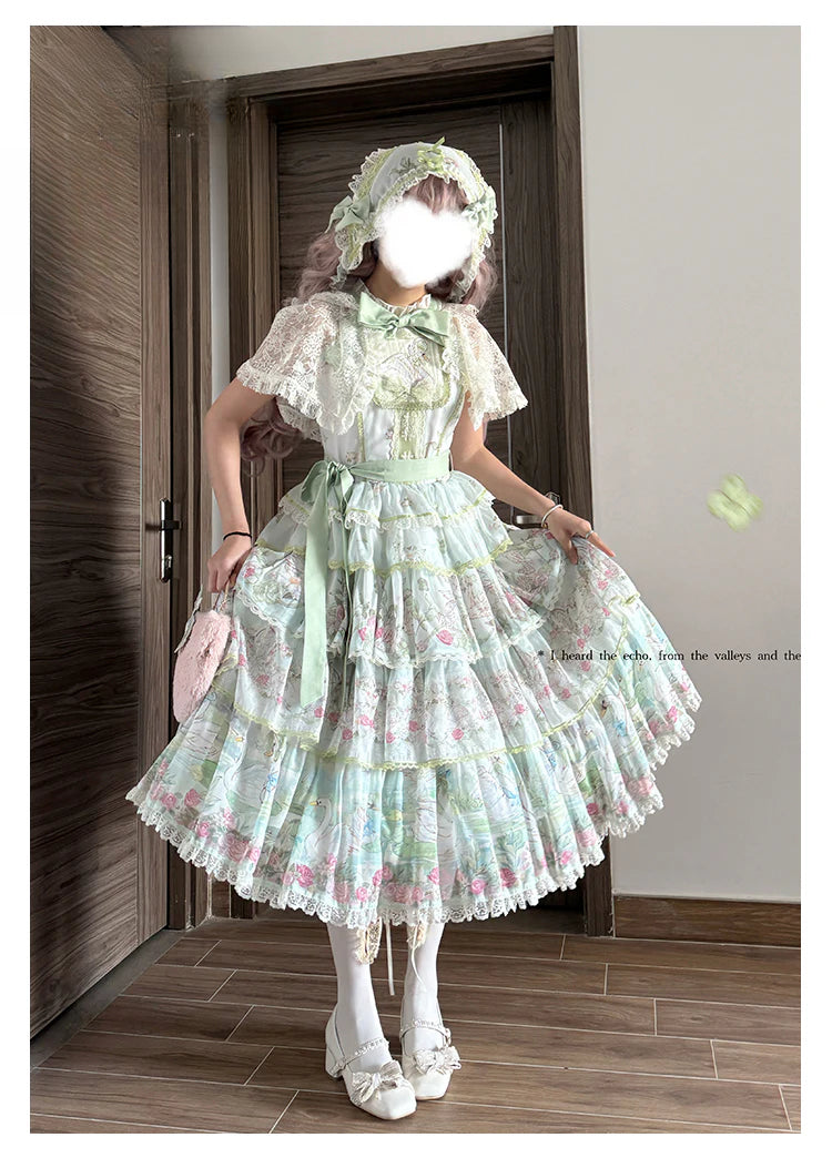 Elegant Vintage Floral Lolita JSK with Ruffled Details and Adjustable Waist Ties