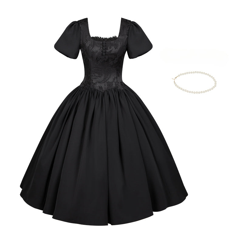 Black & Cream Whimsical Lolita Dress – Adjustable Bows, Embroidered Apron & Multi-Tiered Lace Skirt