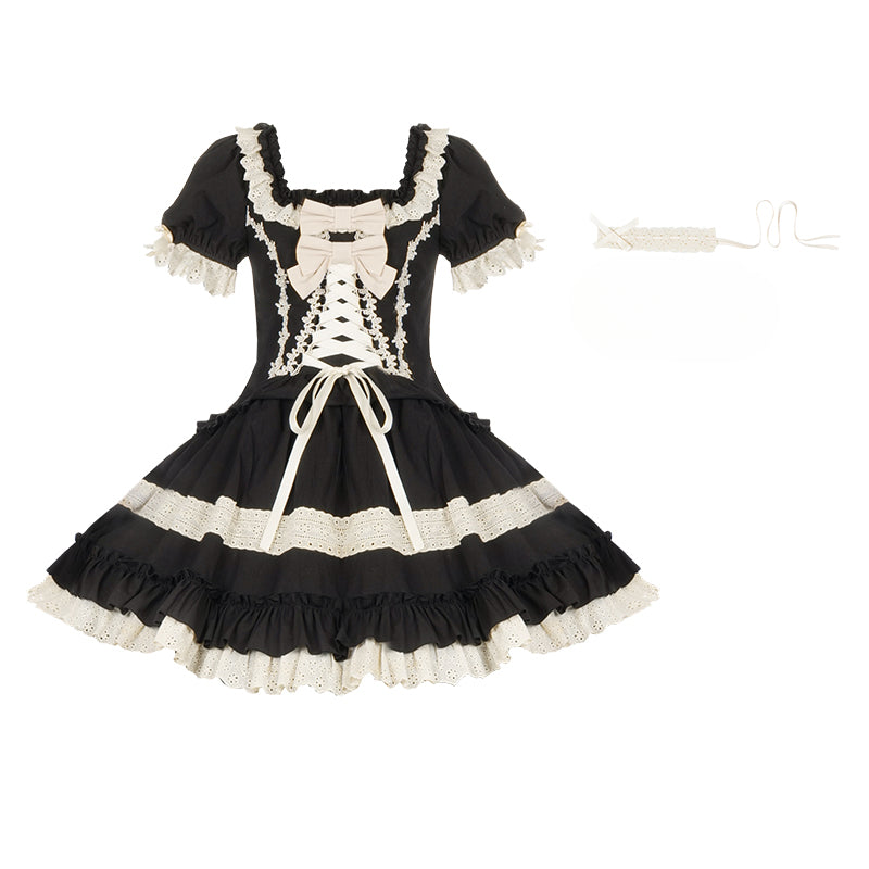 Elegant Black and Cream Lolita Dress with Multi-Tiered Ruffles and Detachable Apron