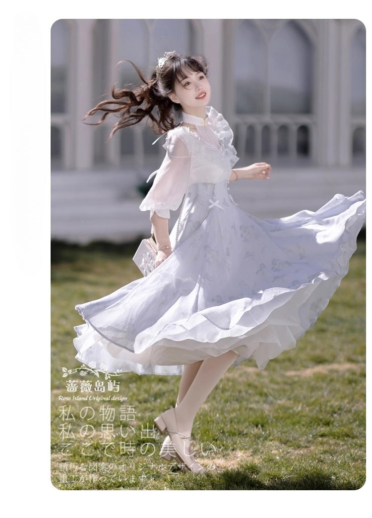 Lolita Fairy Dress! Lace Puff Sleeves + Light Blue Floral Maxi Skirt, Spring Garden Date Outfit