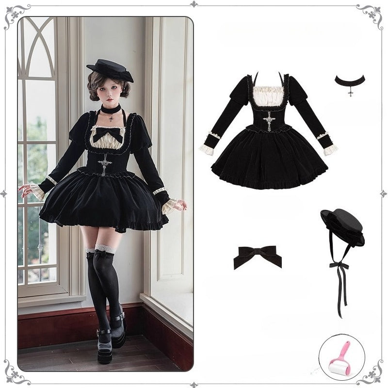 Square Neck Waist Boned Velvet OP Lolita (Gemini Winter Collection)