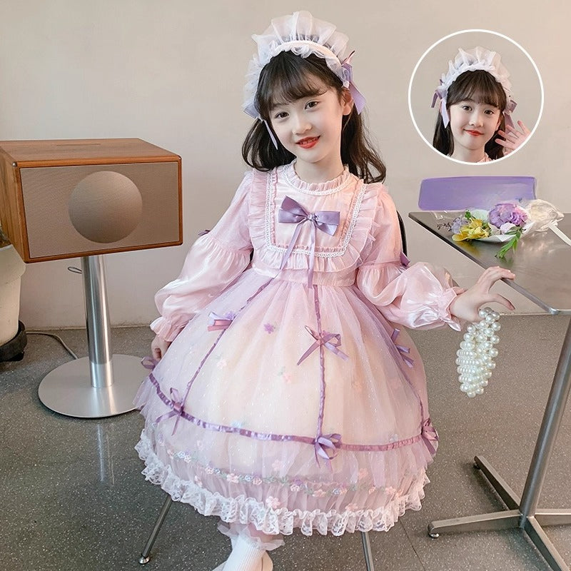 Charming Pastel Pink Lolita Dress with Purple Accents for Girls - Spring and Autumn Collection