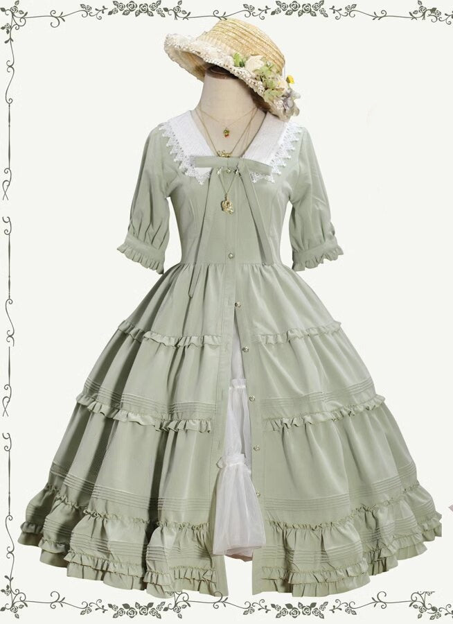 Vintage French Girl Style 2-Way Lace Collar Lolita Dress - Delicate Details & Customizable Waist, Ships Within 45 Days