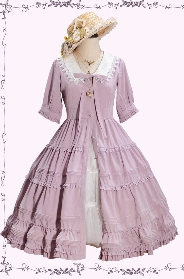 Vintage French Girl Style 2-Way Lace Collar Lolita Dress - Delicate Details & Customizable Waist, Ships Within 45 Days