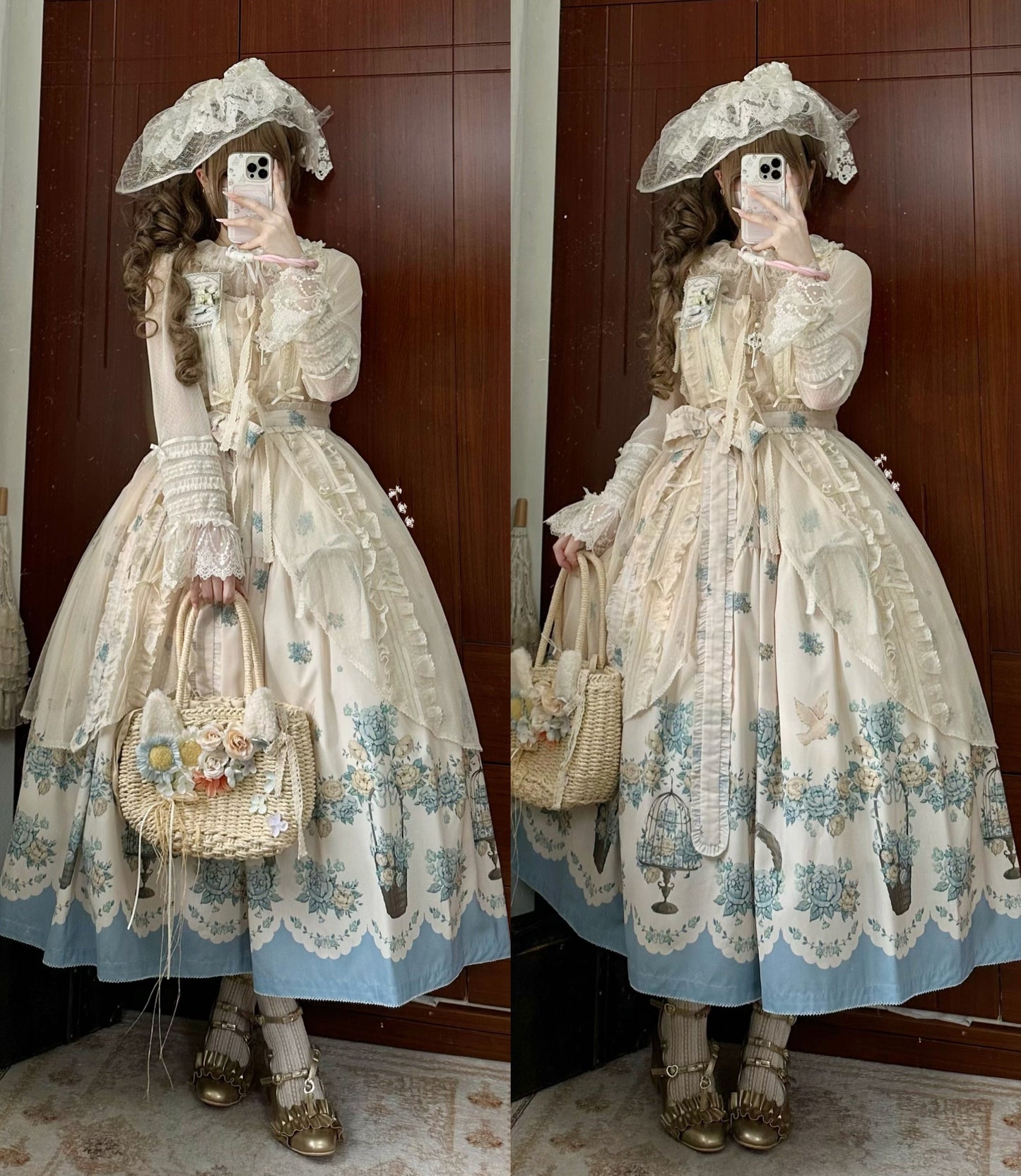 Bluebird Garden Lolita JSK – Elegant Floral Print Cla Series Dress with Waist Tie and Scalloped Hem
