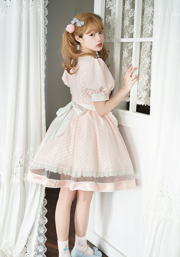 Lemonade Striped Puff-Sleeve Sweet Lolita Dress with Pink Bowknot & Lace Apron
