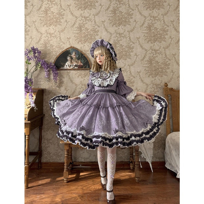 Elegant Lavender Lolita OP Dress with Lace and Ruffled Trims - Versatile and Whimsical Vintage-Inspired Fashion