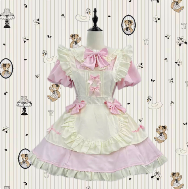 Elegant Black and White Lolita Maid Dress with Ruffled Skirt and Delicate Bows