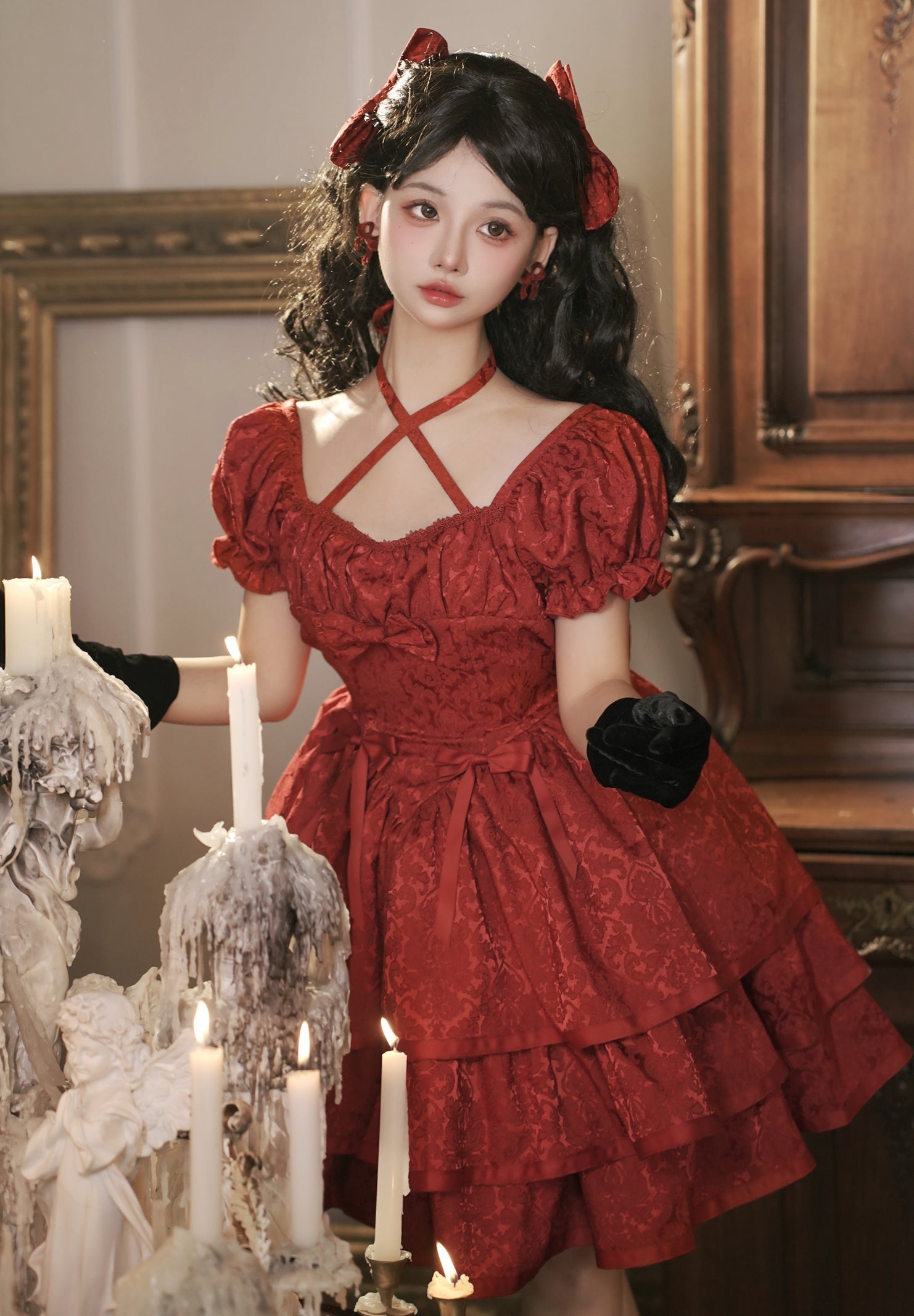 Thorn Rose Lolita Dress Short Sleeve OP Triple-Layer Puffy Skirt Red Lolita Dress