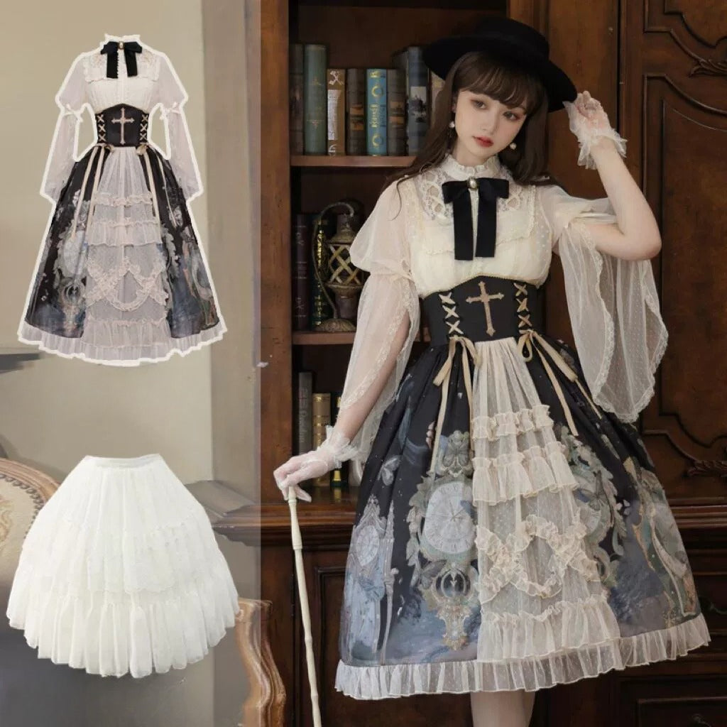 Victorian Gothic Lolita 4-Piece Set, Skirt with Baroque Print and Cross Lace