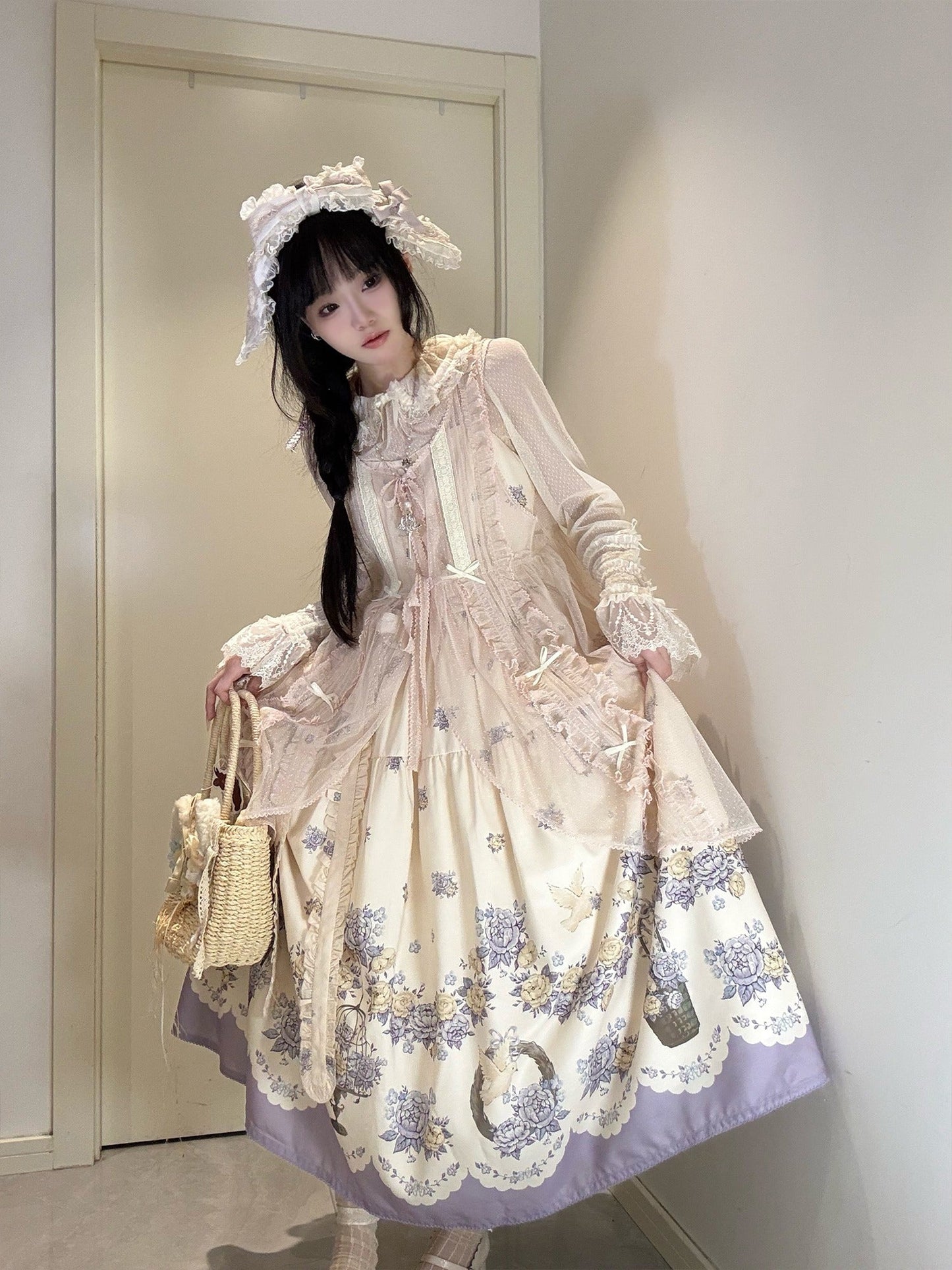 Bluebird Garden Lolita JSK – Elegant Floral Print Cla Series Dress with Waist Tie and Scalloped Hem