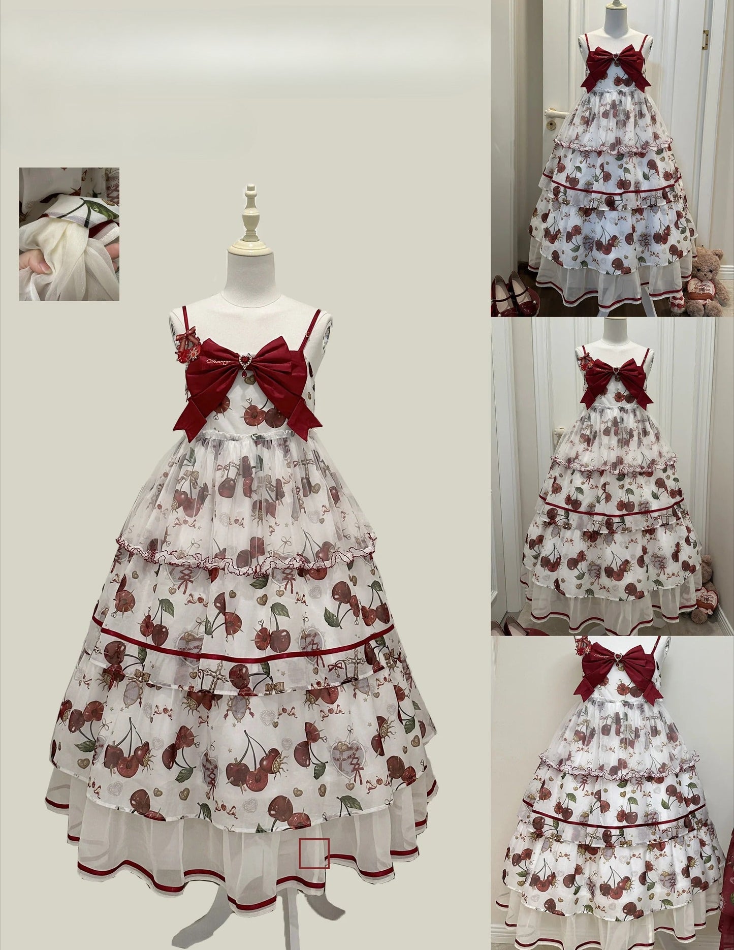 S-2XL Cherry Blossom Delight Lolita Dress – Sweet Vintage Print JSK/OP in Black, Red, Gray & White