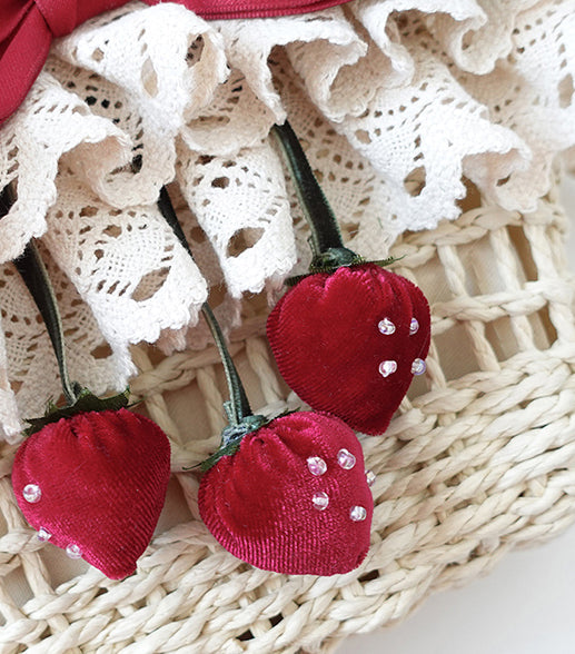 Lolita Strawberry Flower Handcrafted Bag Spring Outing Woven Basket
