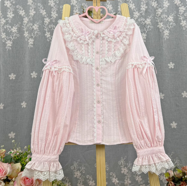 Lolita Dress Summer Peter Pan Collar Short Sleeve Cotton Shirt, White/ Black