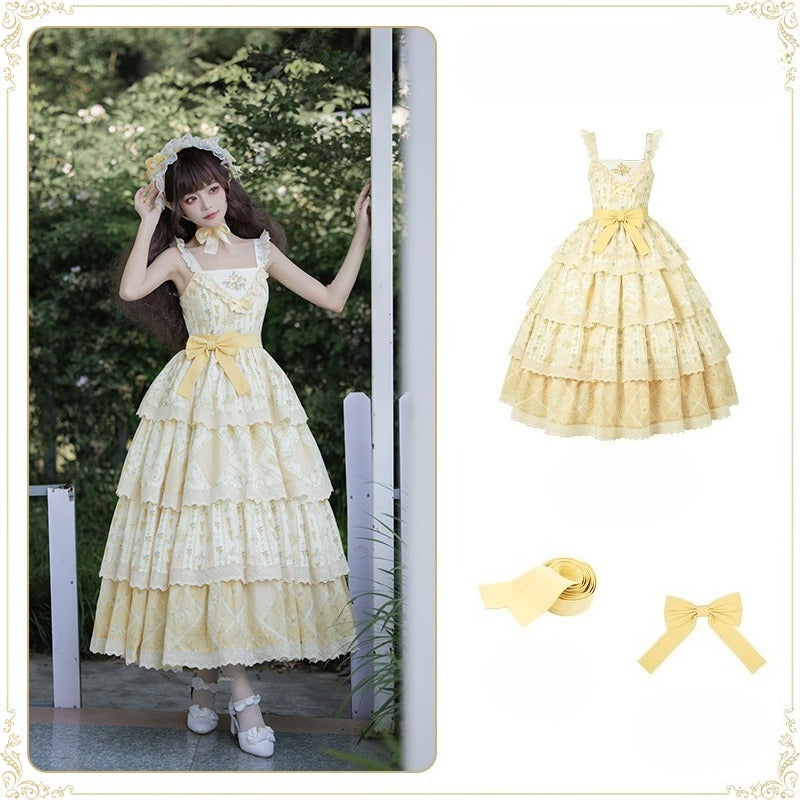 Vintage Pastoral Embroidery Tiered JSK - Four Seasons Garden Charm