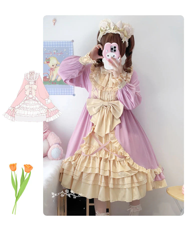 Sweet Lolita Princess Dress OP - Vintage Inspired Long Sleeve Layered Ruffle Dress