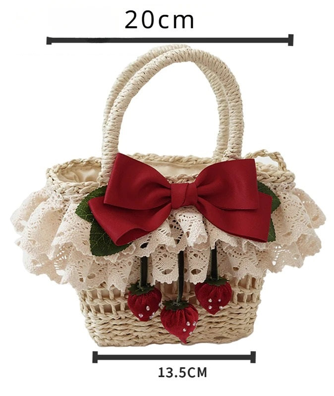 Lolita Strawberry Flower Handcrafted Bag Spring Outing Woven Basket
