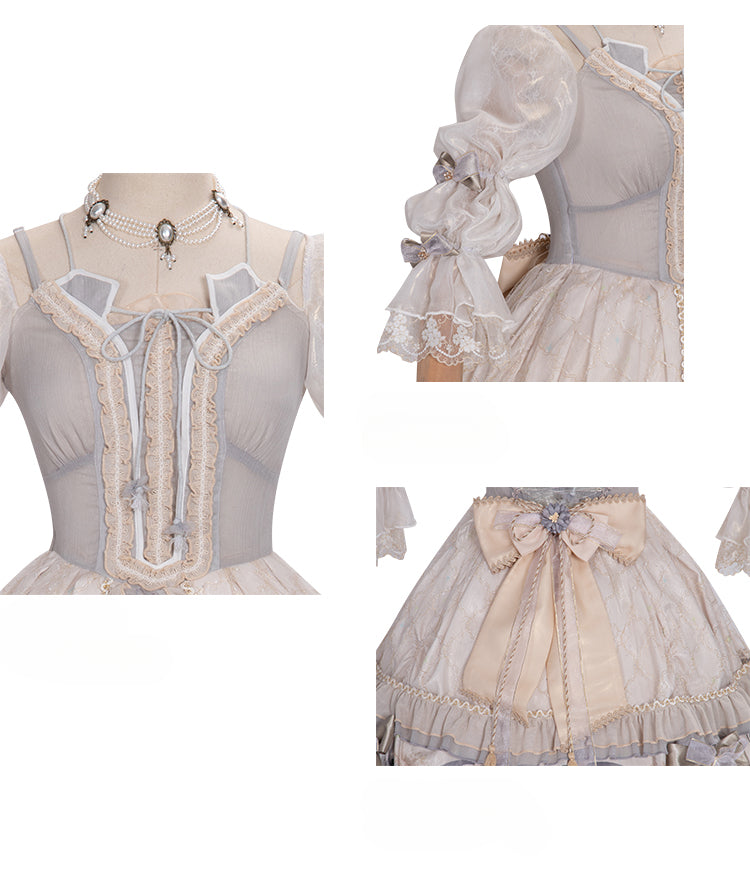 Ethereal Cream Floral Lolita Dress with Puffed Sleeves and Multi-Tiered Skirt