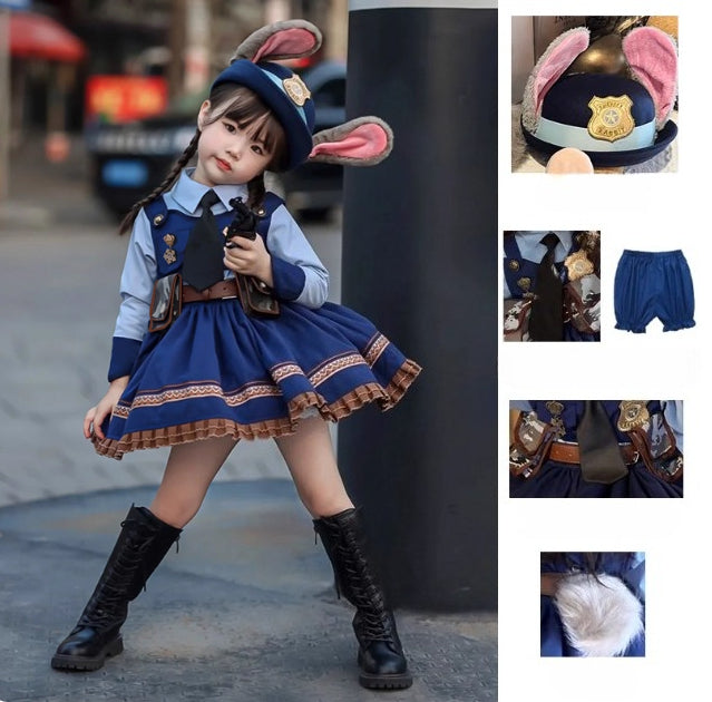 Rabbit Police Officer Lolita Dress for Girls - Navy Blue Whimsical Princess Costume