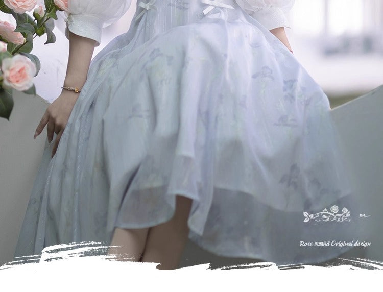 Lolita Fairy Dress! Lace Puff Sleeves + Light Blue Floral Maxi Skirt, Spring Garden Date Outfit