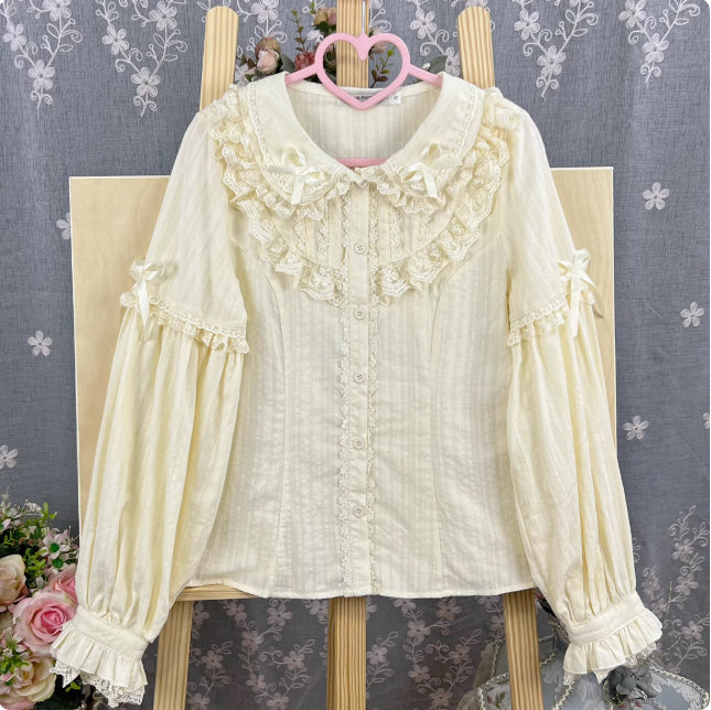 Lolita Dress Summer Peter Pan Collar Short Sleeve Cotton Shirt, White/ Black