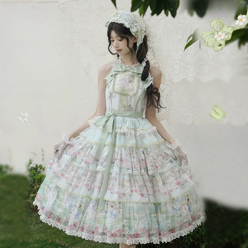 Elegant Vintage Floral Lolita JSK with Ruffled Details and Adjustable Waist Ties