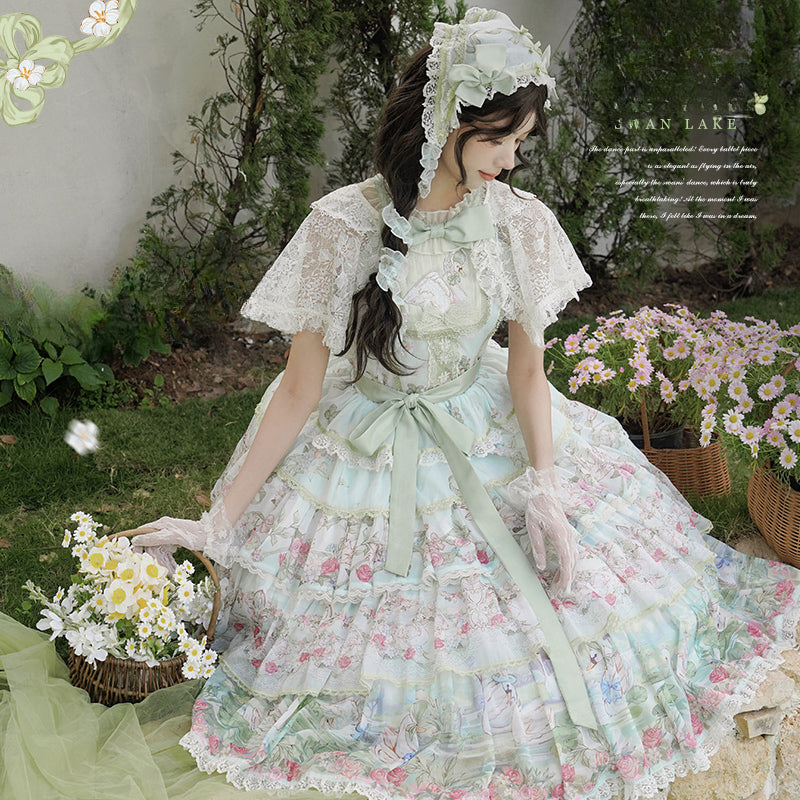 Elegant Vintage Floral Lolita JSK with Ruffled Details and Adjustable Waist Ties