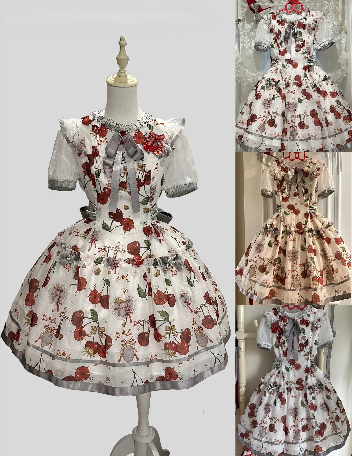 S-2XL Cherry Blossom Delight Lolita Dress – Sweet Vintage Print JSK/OP in Black, Red, Gray & White