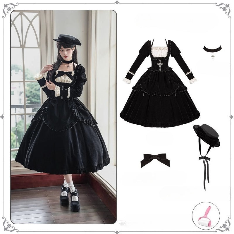 Square Neck Waist Boned Velvet OP Lolita (Gemini Winter Collection)