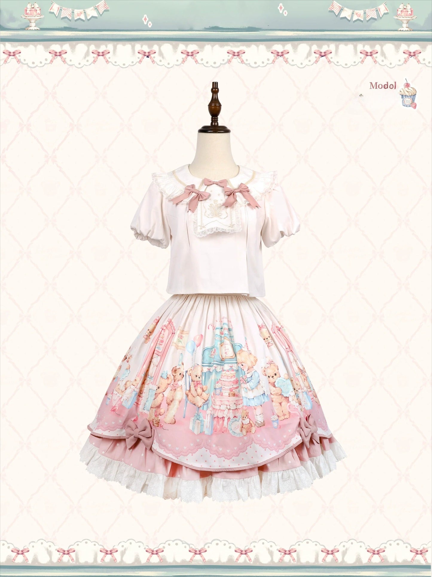 Teddy Bear's Cream Party Sweet Lolita JSK with Lace and Ribbon Accents