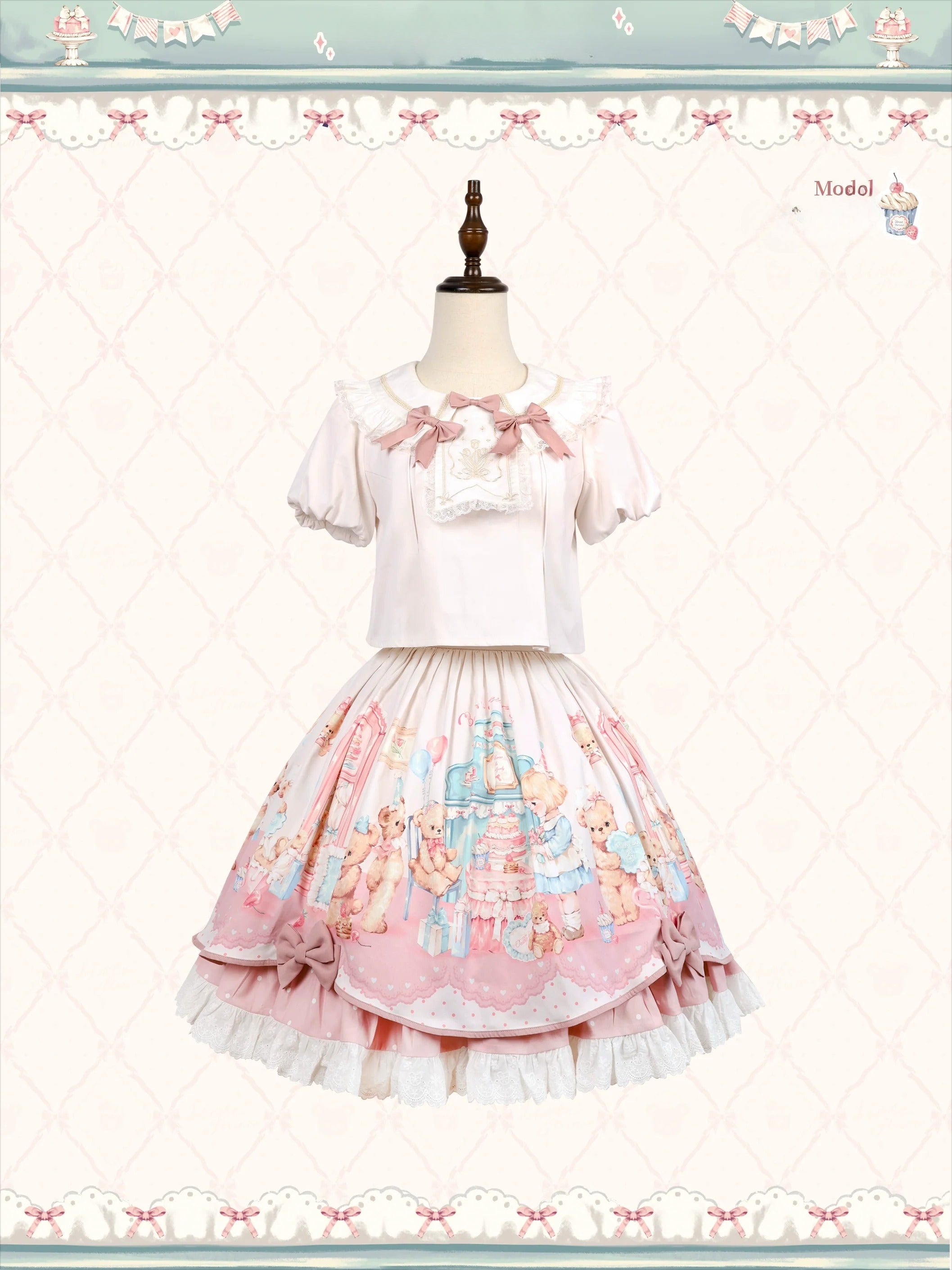 Teddy Bear's Cream Party Sweet Lolita JSK with Lace and Ribbon Accents