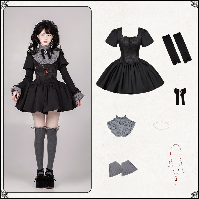 Black & Cream Whimsical Lolita Dress – Adjustable Bows, Embroidered Apron & Multi-Tiered Lace Skirt