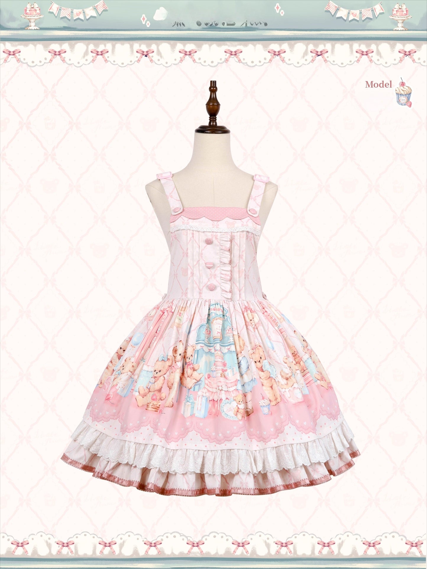 Teddy Bear's Cream Party Sweet Lolita JSK with Lace and Ribbon Accents