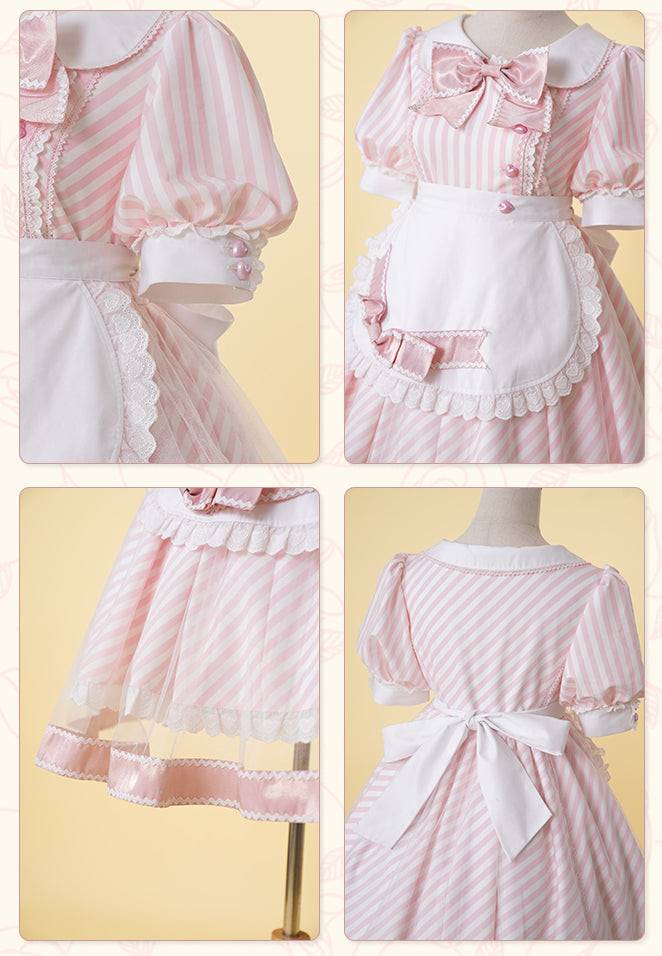 Lemonade Striped Puff-Sleeve Sweet Lolita Dress with Pink Bowknot & Lace Apron
