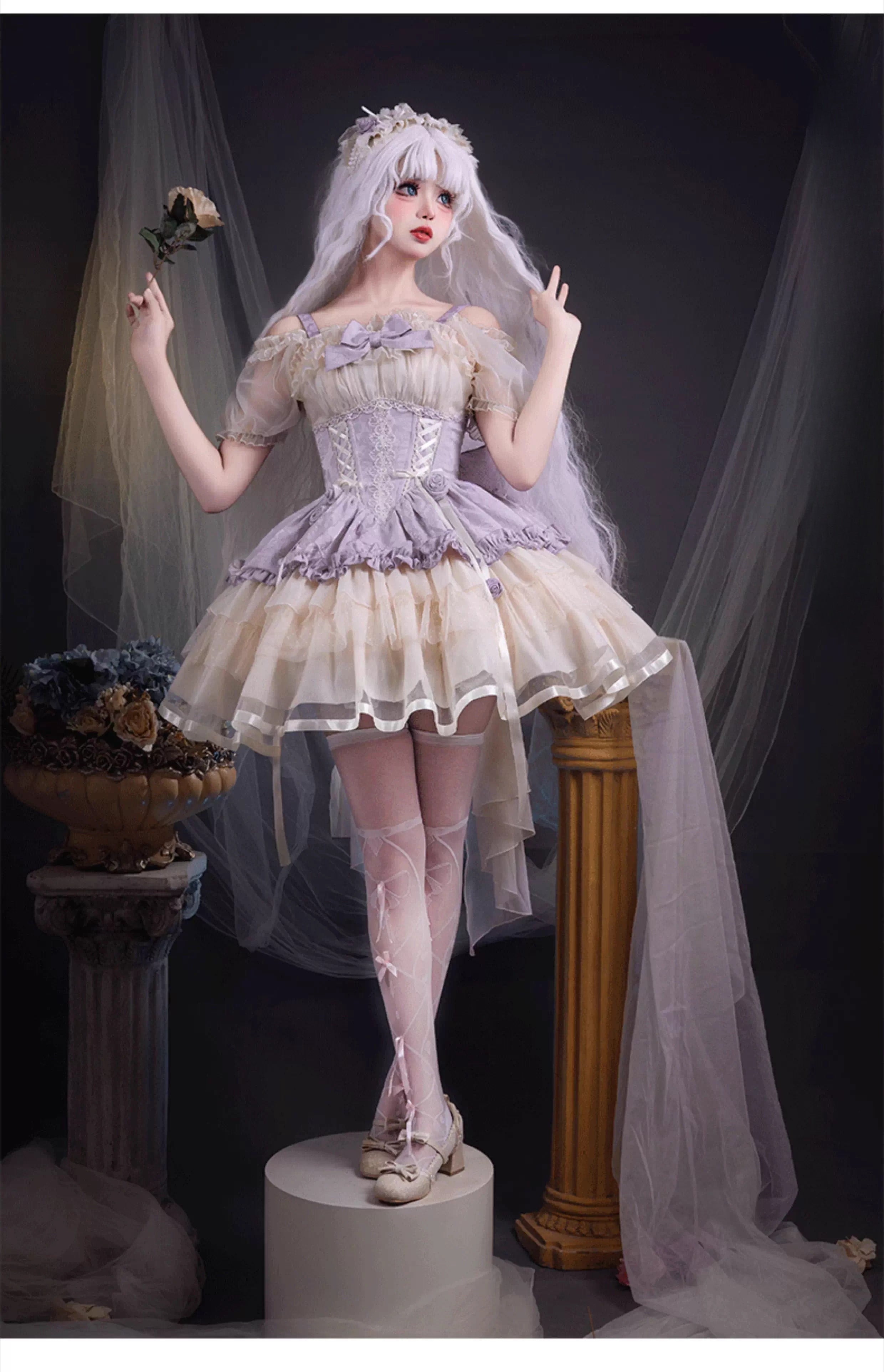 Sweet Lolita Off - the - Shoulder Dress with Tulle Skirt and Ribbon Details