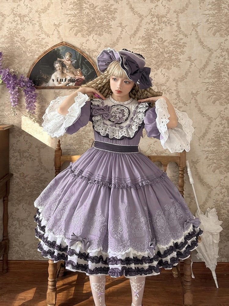 Elegant Lavender Lolita OP Dress with Lace and Ruffled Trims - Versatile and Whimsical Vintage-Inspired Fashion