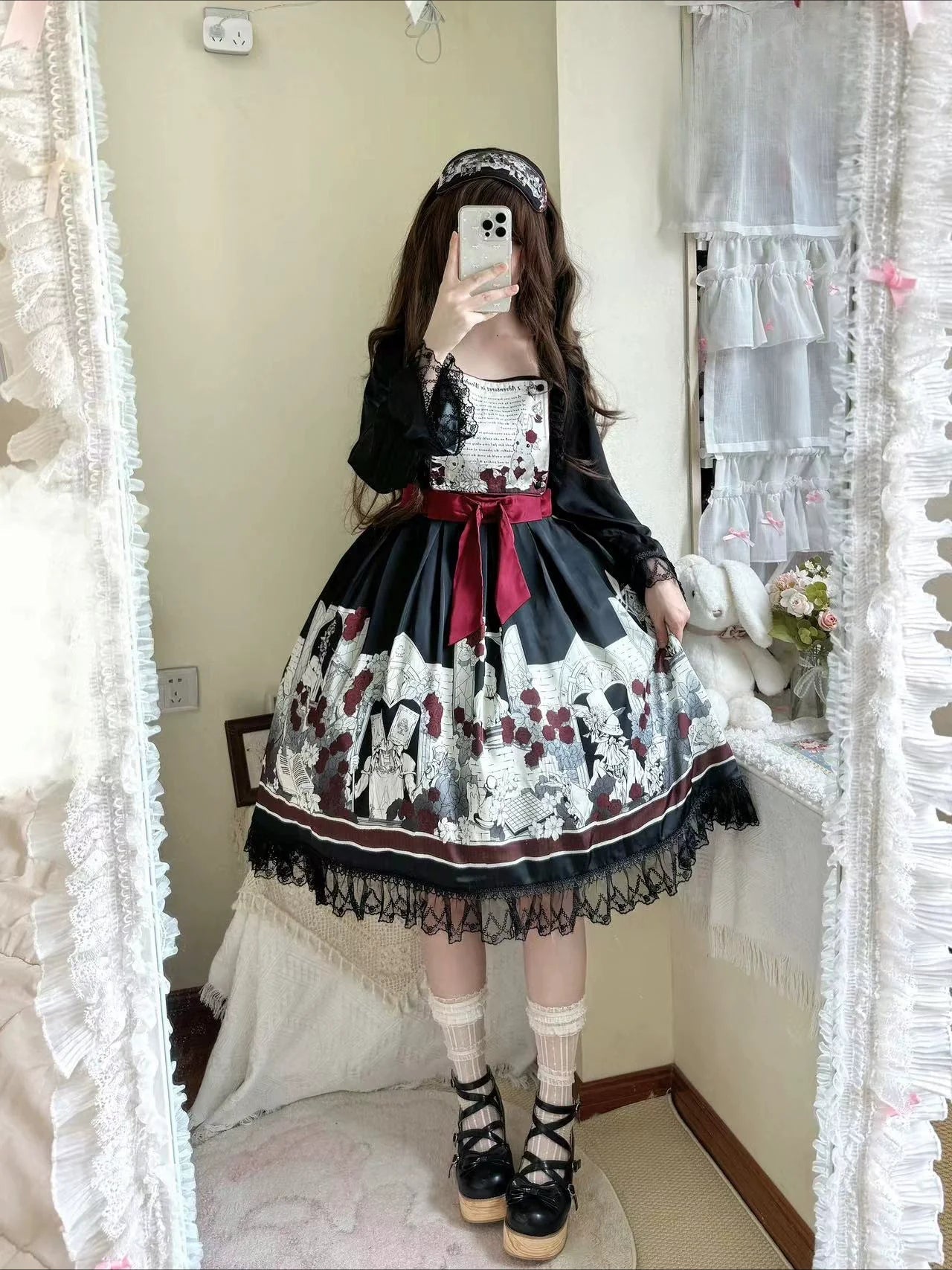 Dark Wonderland Asylum Lolita Dress - Gothic OP with Velvet Ribbon and Eerie Storybook Print