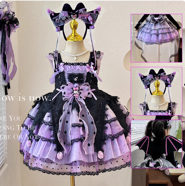 Elegant Black and Purple Lolita Dress for Girls - Intricate Lace and Ruffled Skirt - Perfect for Tea Parties and Special Occasions