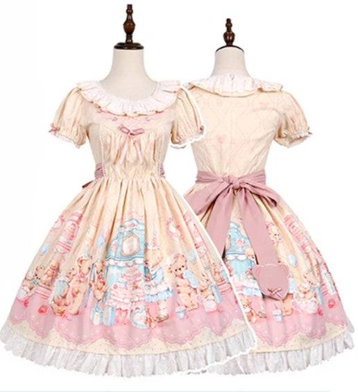 Teddy Bear's Cream Party Sweet Lolita JSK with Lace and Ribbon Accents