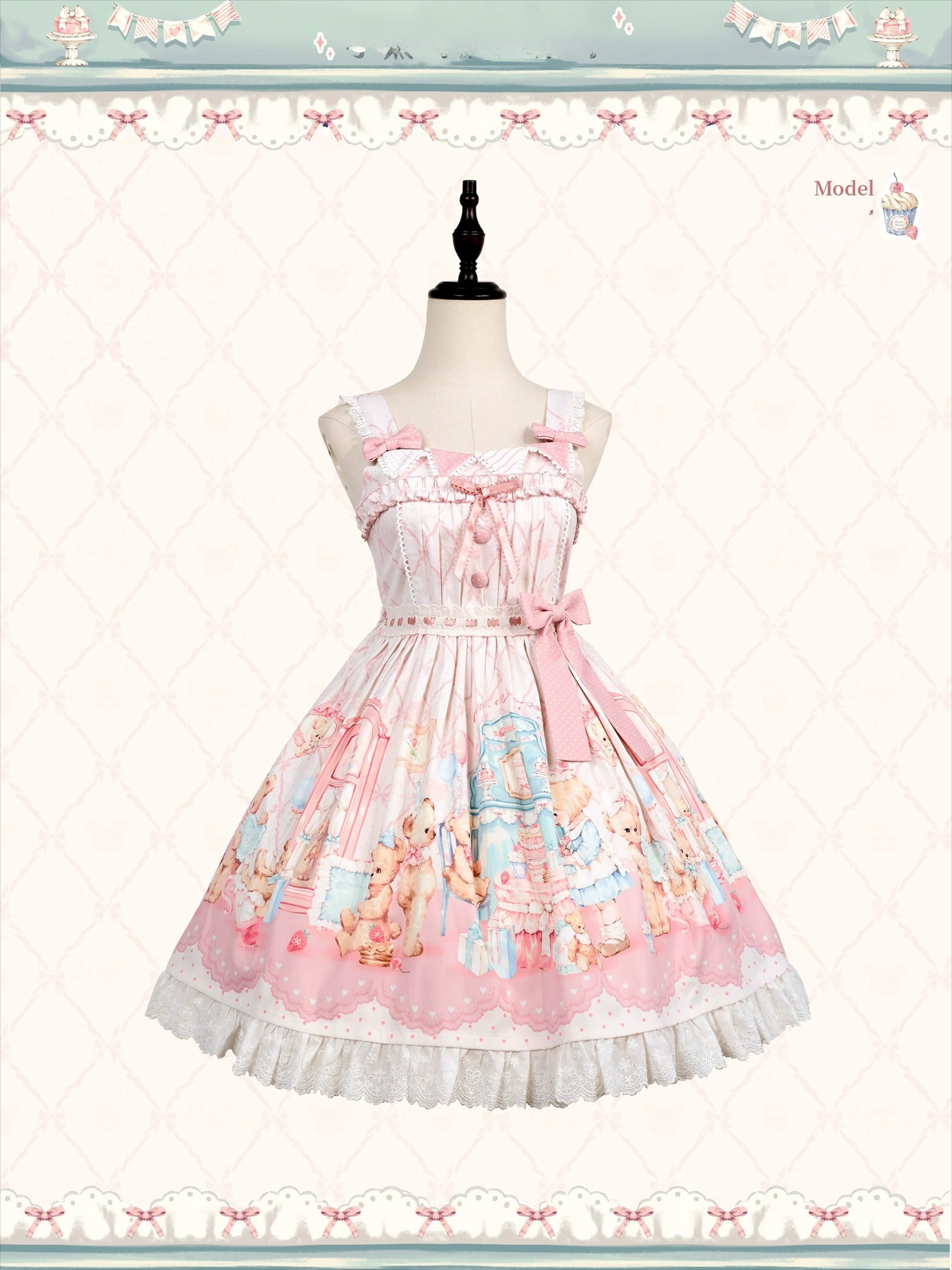 Teddy Bear's Cream Party Sweet Lolita JSK with Lace and Ribbon Accents