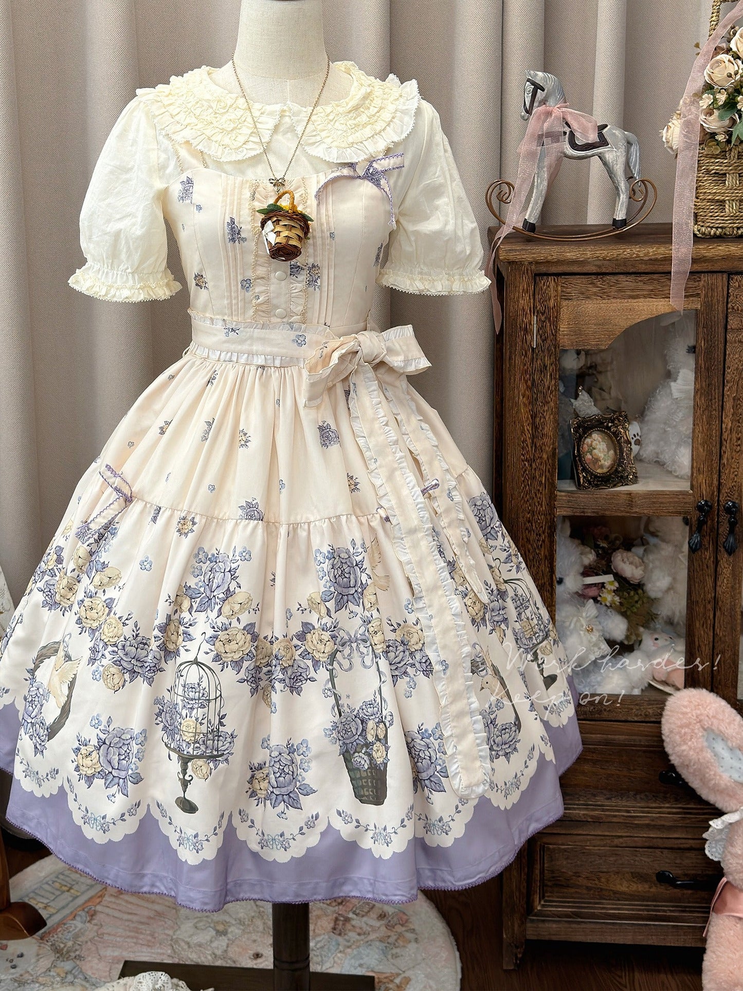 Bluebird Garden Lolita JSK – Elegant Floral Print Cla Series Dress with Waist Tie and Scalloped Hem