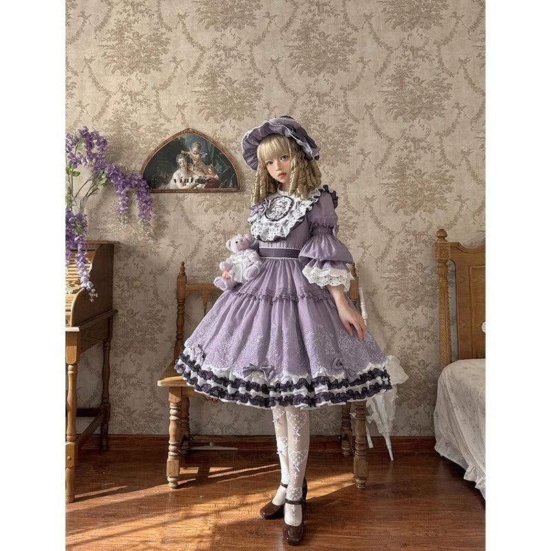 Elegant Lavender Lolita OP Dress with Lace and Ruffled Trims - Versatile and Whimsical Vintage-Inspired Fashion